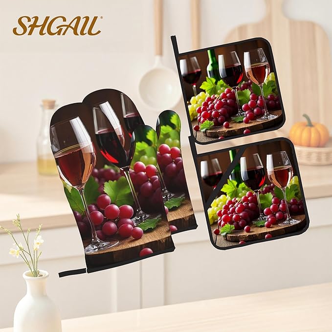 Grape Wine Oven Mitts with Matching Potholders - Heat Resistant Kitchen Accessories for Baking, Grilling, Cooking, Gifts for Women