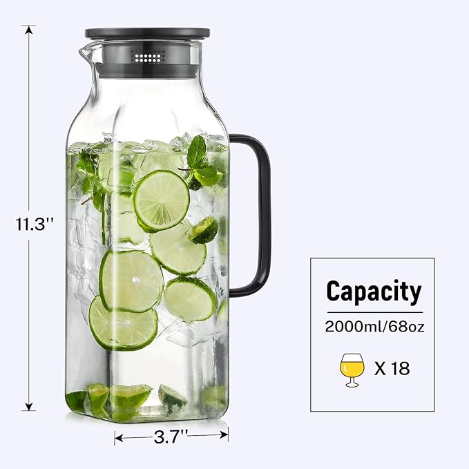 2 Pack 2 Liters/68 oz Square Glass Pitcher with Lid and Handle for Fridge, Iced Tea and Coffee Carafe Beverage Serveware, Heat Resistant Borosilicate Water Black Jug for Hot/Cold Drinks and Milk - Image 2