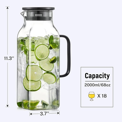 2 Quart (2 Liter 68 oz) Square Glass Pitcher with Lid and Spout, Water Pitchers with Handle for Fridge, Borosilicate Glass Carafe for Hot/Cold Drink, Large Jug for Iced Tea, Coffee, Beverage, Black - Image 2