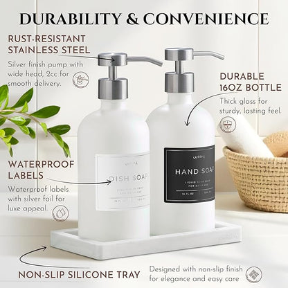 Glass Soap Dispenser Set of 2 (White) with Silicone Tray | Hand and Dish Soap Dispenser for Kitchen and Bathroom | 16.8 Oz Glass Bottles with Stainless Steel Pump & 15 Waterproof Labels (White/Silver)