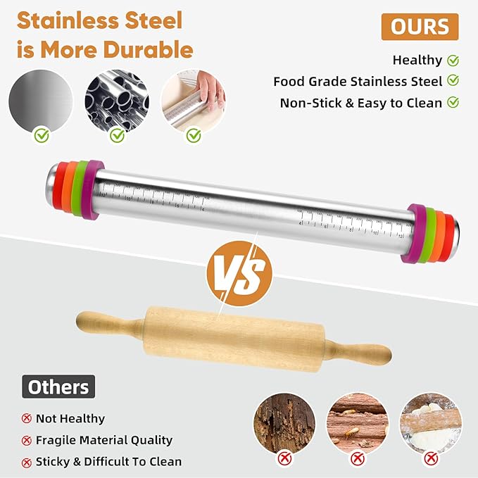 Stainless Steel Rolling Pin with Adjustable Thickness Rings - 4 Interchangeable Sizing Bands for Dumplings/Pasta/Cookies - Nonstick Kitchen Baking Tool - Image 4