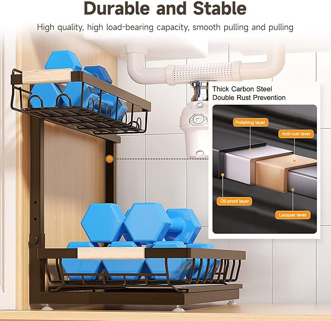 Sevenblue 2 Packs Under Sink Organizer, Height Adjustable 2 Tier Under Kitchen Sink Organizer, Multi-Purpose Storage Shelf for Kitchen Bathroom Cabinet (Brown, Extra Large) - Image 5