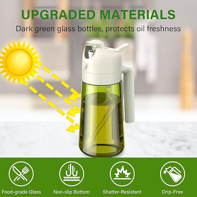 Vakoo Oil Sprayer for Cooking, 2 in 1 Oil Dispenser for Kitchen, 16oz/470ml Light-Blocking Dark Glass Olive Oil Spray Bottle, Air Fryer, Salad & BBQ (Green&White)