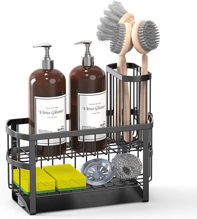 Kitchen Sink Organizer Caddy, 2 Tier Sink Caddy Organizer with High Brush Holder, Rust-Proof Countertop Rack (Black 10.6 * 4.3 * 5.7") for Kitchen Accessories & Dish Brushes by UEFFNR