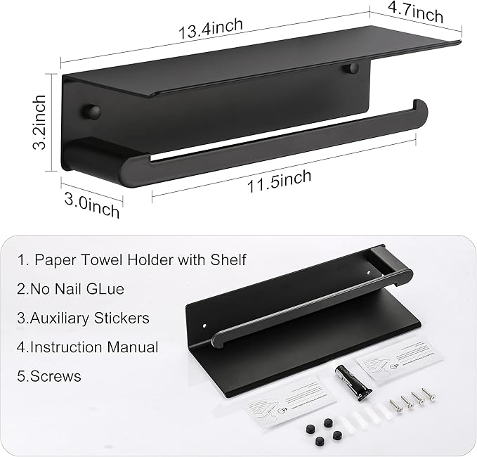Paper Towel Holder Wall Mount for Kitchen, Self-Adhesive Paper Towel Holder with Shelf for Bathroom, Anti-Rust Aluminum, No Drill or Wall-Mounted with Screws (Black)