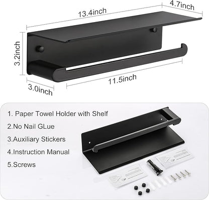 Paper Towel Holder Wall Mount for Kitchen, Self-Adhesive Paper Towel Holder with Shelf for Bathroom, Anti-Rust Aluminum, No Drill or Wall-Mounted with Screws (Black)