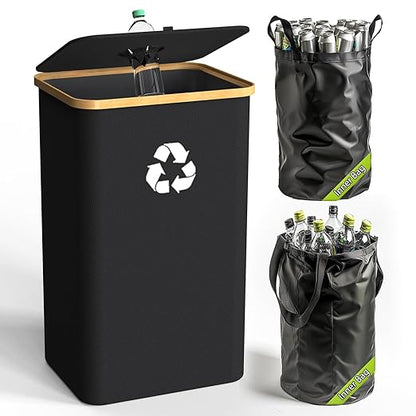 Recycling Bin for Kitchen Indoor Home, Large 26 Gallon 100L Recycle Bin with Lid Removeable Reusable Inner Bag Bottle Can Glass Waste Plastice Stickers,Black by Pakusane