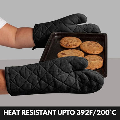 Oven Mitt & Pot Holder 100% Cotton Easter Heat Resistant Oven Gloves (7"x13") & Hot Pads (8"x8") Combo for Gifts, Cooking - Black