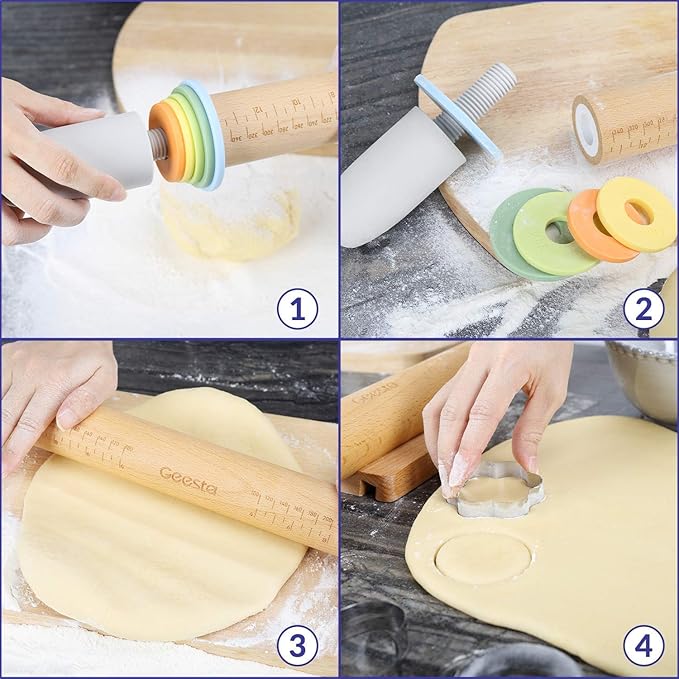 Geesta Adjustable Wood Rolling Pin with 5 Thickness Rings, Precise Dough Roller Handle Press Design with Measurement Guide for Baking Fondant, Pie Crust, Cookie, Pastry - Baking Essential - Image 3