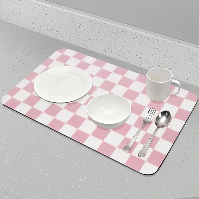 CooRug Checkered Dish Drying Mat for Kitchen Counter, Absorbent Non-Slip Coffee Mat, Heat Resistant Mat for Countertops Coffee Bar Decor 16" x 24" Pink - Image 5