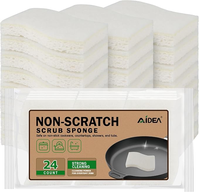 AIDEA Non-Scratch Scrub Sponge-24Count, Sponges Kitchen, Natural Sponge for Non-Stick Cookware, Cellulose Sponges for Dishes, Cleaning Power for Kitchen, Bathroom, Household by AIDEAHOME