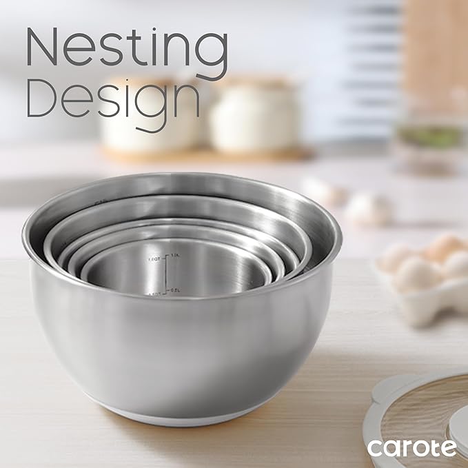 CAROTE Stainless Steel Mixing Bowls with Lids Set,12 Pcs Nesting Bowls Clear Airtight Lids 3 Grater Attachments,Non-Slip Bottoms & Measurement Marks Mixing Bowls,Size 5,3,2,1.5,1QT - Image 7