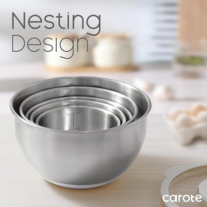 CAROTE Stainless Steel Mixing Bowls with Lids Set,12 Pcs Nesting Bowls Clear Airtight Lids 3 Grater Attachments,Non-Slip Bottoms & Measurement Marks Mixing Bowls,Size 5,3,2,1.5,1QT - Image 7