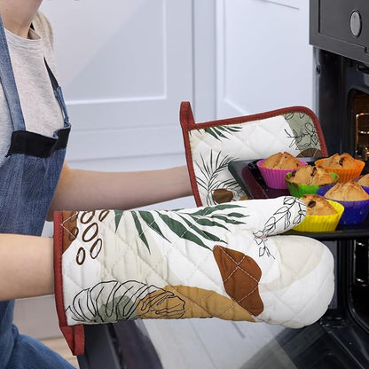 Boho Leaf Oven Mitts and Pot Holders Sets 4Pcs, 100% Cotton Heat Resistant, Extra Long Oven Gloves Potholder for Kitchen Cooking Baking Decoration, Housewarming Gifts for Mom - Image 6