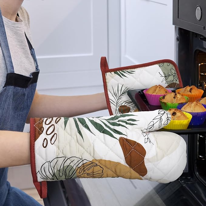 Boho Leaf Oven Mitts and Pot Holders Sets 2Pcs, 100% Cotton Heat Resistant, Vintage Extra Long Oven Gloves Potholder for Kitchen Cooking Baking Decoration, Housewarming Gifts for Mom - Image 6