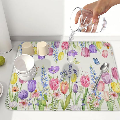 Spring Floral Dish Drying Mat for Kitchen Counter Easter Tulip Lavender Flower Microfiber Dish Drainer Mat Rustic Farmhouse Absorbent Washable Drying Pad 16"x18"