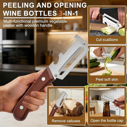 2PCS Multifunctional Vegetable Peeler, Upgrade 3-in-1 Wooden Handle Peelers with Bottle Opener, Premium Stainless Steel Peeler, Fruit Knife for Welsh Onion, Potato, Carrot, Apple, Pumpkin with a Brush - Image 2