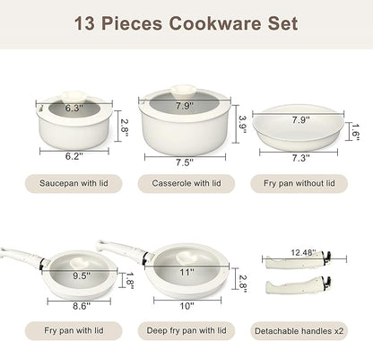 13 Pcs Pots and Pans Set, Nonstick Cookware Set with Lids and Detachable Handle, PFAS & PFOA Free, Non-Toxic Healthy Kitchen Cooking Set