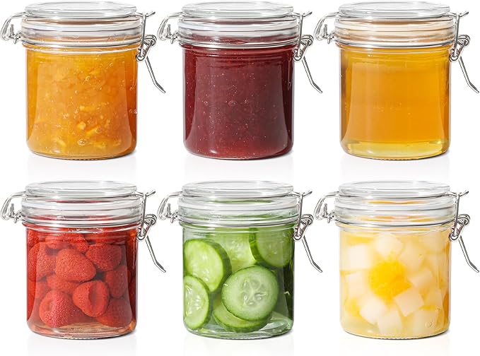 ComSaf 8oz Glass Jars with Airtight Lids (Set of 6), Cylindrical Jelly & Spice Jars for Pantry Organization, 240ml Small Canisters with Wire Clamp for Sourdough Discard, Jam, Honey & More by ComSaf