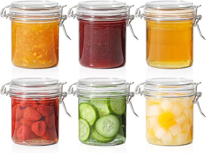 ComSaf 8oz Glass Jars with Airtight Lids (Set of 6), Cylindrical Jelly & Spice Jars for Pantry Organization, 240ml Small Canisters with Wire Clamp for Sourdough Discard, Jam, Honey & More by ComSaf