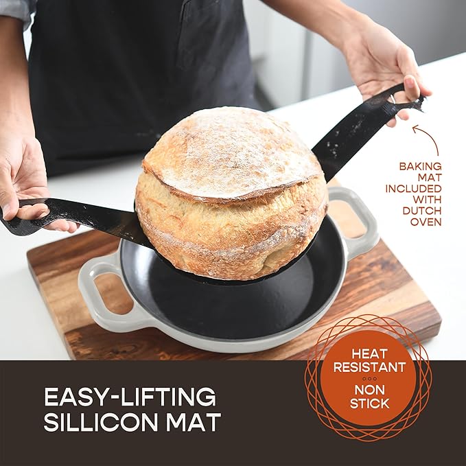 Krustic Enameled Cast Iron Dutch Oven for Sourdough Bread Baking | 6 Quart Pot with Lid | 10 Inch Ceramic Enamel Thick Coated Cookware Set with Non Stick Silicone Baking Mat for Cooking | 6 Qt | White