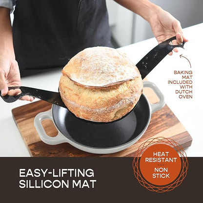 Krustic Enameled Cast Iron Dutch Oven for Sourdough Bread Baking | 6 Quart Pot with Lid | 10 Inch Ceramic Enamel Thick Coated Cookware Set with Non Stick Silicone Baking Mat for Cooking | 6 Qt | White