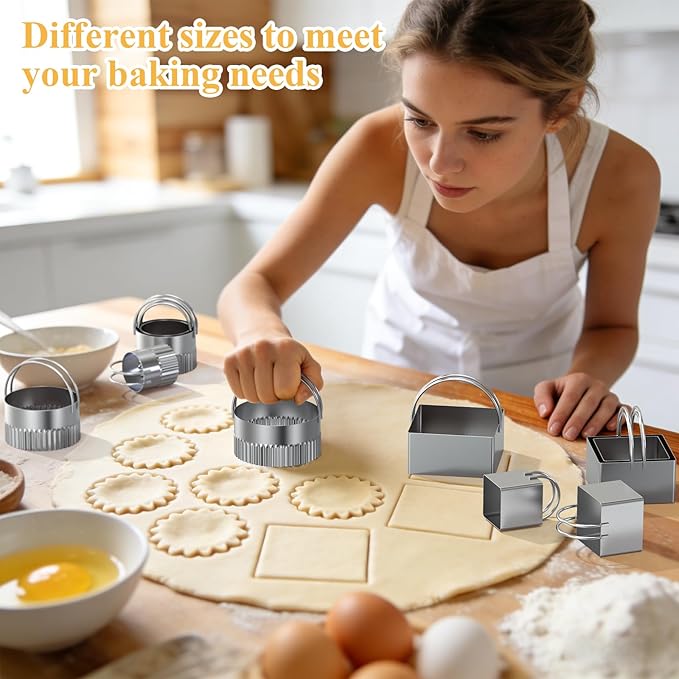 Biscuit Cutter Set of 10 pcs, Square and Fluted Cookie Cutter Set with Handle, Stainless Steel Round Biscuit Cutters, Professional Baking Dough Tools - Image 6
