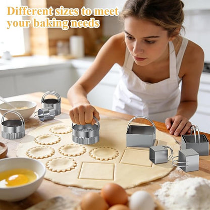 Biscuit Cutter Set of 10 pcs, Square and Fluted Cookie Cutter Set with Handle, Stainless Steel Round Biscuit Cutters, Professional Baking Dough Tools - Image 6