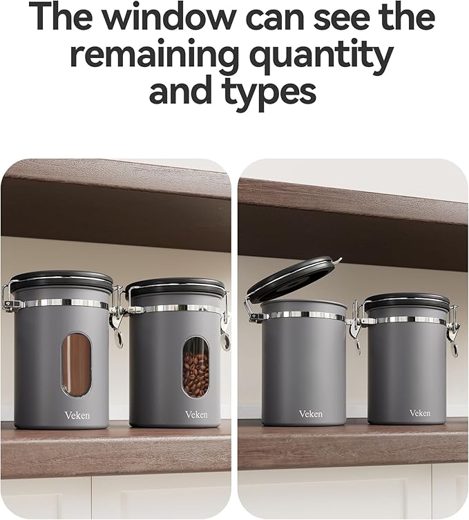 Veken Coffee Canister with Window,Airtight Stainless Steel Kitchen Food Storage Container, Date Tracker & Scoop for Grounds Coffee, Beans, Tea, Flour, Cereal,Sugar,22OZ,Grey (Pack of 2) - Image 8