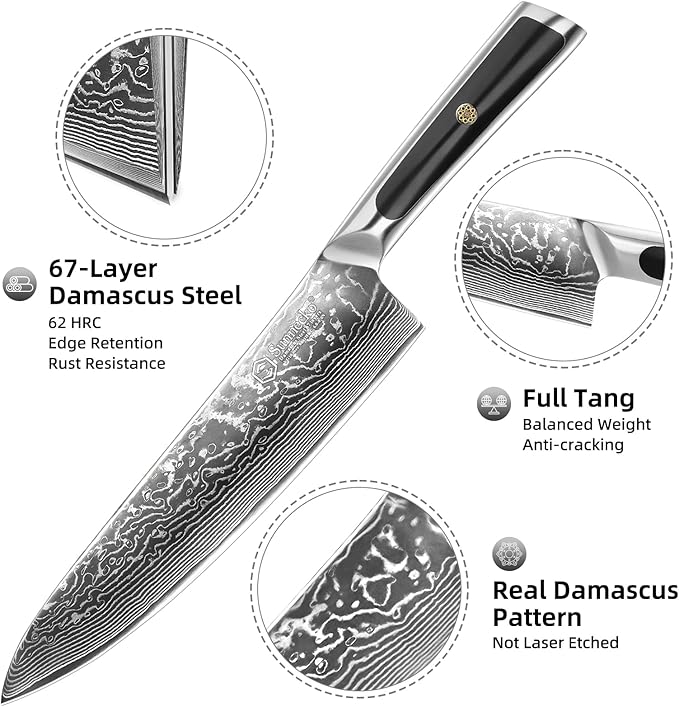 Sunnecko 8 Inch Japanese Damascus Chef Knife - Ultra Sharp 10-12 Degree Edge VG10 67 Layers Kitchen Cooking Knife for Meat, Vegetable & Fruit, Full Tang Professional Forged Blade, Premium Gift Box - Image 4