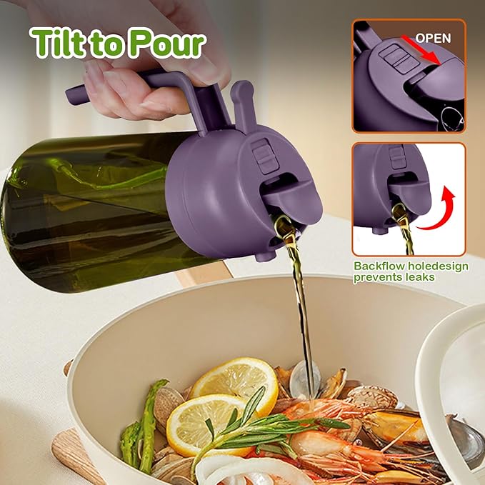 YARRAMATE 2Pcs 16oz/470ml Dark Green Oil Sprayer for Cooking with Stickers, Food-grade Premium 2 in 1 Olive Oil Dispenser Bottle for Kitchen Gadgets, Air Fryer, Salad, Frying, BBQ (Black&Purple) - Image 6