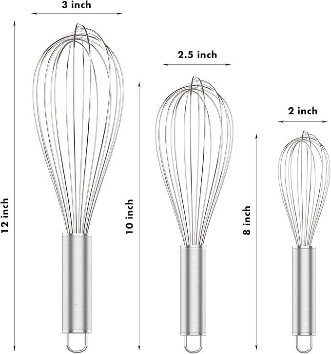 OYV 304 Stainless Steel Whisk Set, Dishwasher Safe Rustproof Metal Whisk, Professional Balloon Wire Whisks for Kitchen Cooking, Perfect For Blending, Whisking, Baking, Beating, 3 Packs (8" 10" 12") - Image 6