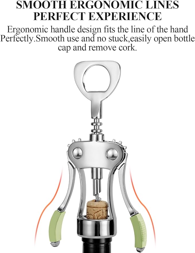 KORCCI Wine Opener, Heavy-Duty Zinc Alloy Wing Corkscrew, Premium Beer Bottle Opener, Multifunctional Wine Accessories with Ergonomic Handle and Sharp Screw, for Kitchen, Bar, Restaurant (GREEN) - Image 6