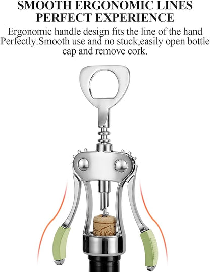 KORCCI Wine Opener, Heavy-Duty Zinc Alloy Wing Corkscrew, Premium Beer Bottle Opener, Multifunctional Wine Accessories with Ergonomic Handle and Sharp Screw, for Kitchen, Bar, Restaurant (GREEN) - Image 6