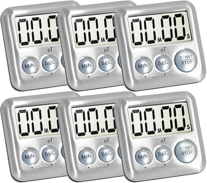 Elegant Digital Kitchen Timer Stainless Steel - Silver - Strong Magnetic Back - Kickstand - Loud Alarm - Large Display - Auto Memory - Auto Shut-Off - Model eT-26 (Silver 6-Pack) by eTradewinds by eTradewinds