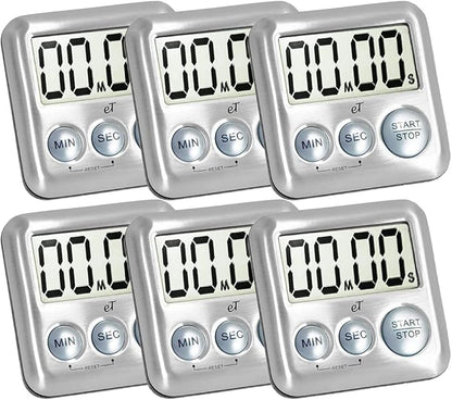 Elegant Digital Kitchen Timer Stainless Steel - Silver - Strong Magnetic Back - Kickstand - Loud Alarm - Large Display - Auto Memory - Auto Shut-Off - Model eT-26 (Silver 6-Pack) by eTradewinds by eTradewinds