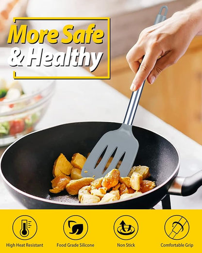 Pack of 2 Silicone Solid Turner, Non Stick Slotted Kitchen Spatulas, High Heat Resistant BPA Free Cooking Utensils, Ideal Cookware for Fish, Eggs, Pancakes(Gray) - Image 5