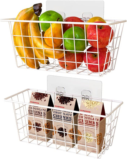 MaraFansie Wall Wire Baskets Bin No Drilling Adhesive Hanging Baskets Wall Mounted for Cabinet & Pantry Organization and Kitchen, Bathroom, Bedroom Storage, 2 Pack, White by MakeStorageMoreFun