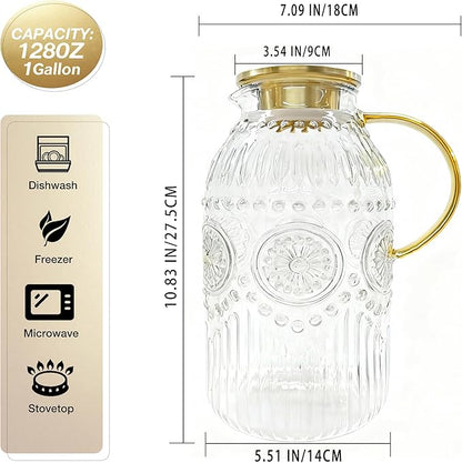 Amzcku Glass Pitcher with Lid, 101 oz/ 3 Liter Vintage Water Pitcher,Water Carafe for Cold Brew, Coffee, Lemonade, Iced Tea,Beverage, Heat Resistant Water Glass Jug 1Pack