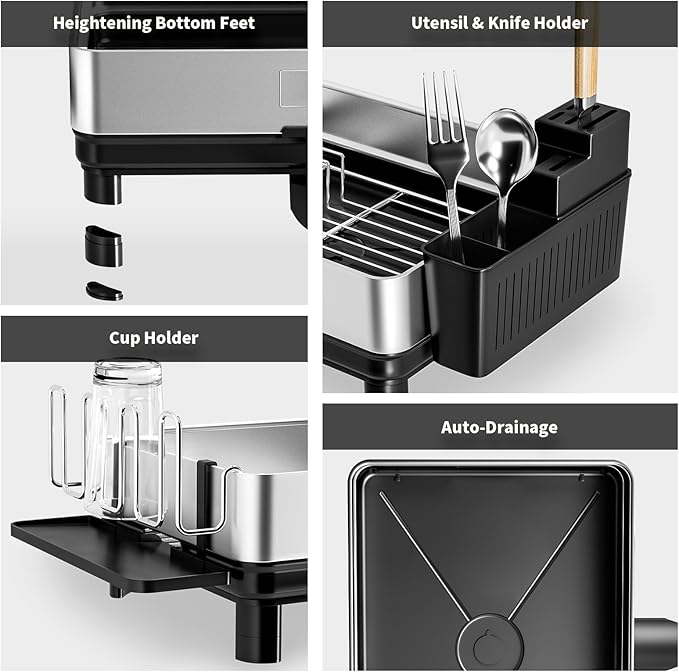 Ewaiira Dish Drying Rack, 304 Stainless Steel Dish Racks for Kitchen Counter, Dish Drainers with Automatic Drainage, Utensil Holder & Cups Holder, Space Saving Kitchen Organizer, Black 16.5''x12.6'' - Image 9