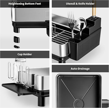 Ewaiira Dish Drying Rack, 304 Stainless Steel Dish Racks for Kitchen Counter, Dish Drainers with Automatic Drainage, Utensil Holder & Cups Holder, Space Saving Kitchen Organizer, Black 16.5''x12.6'' - Image 9
