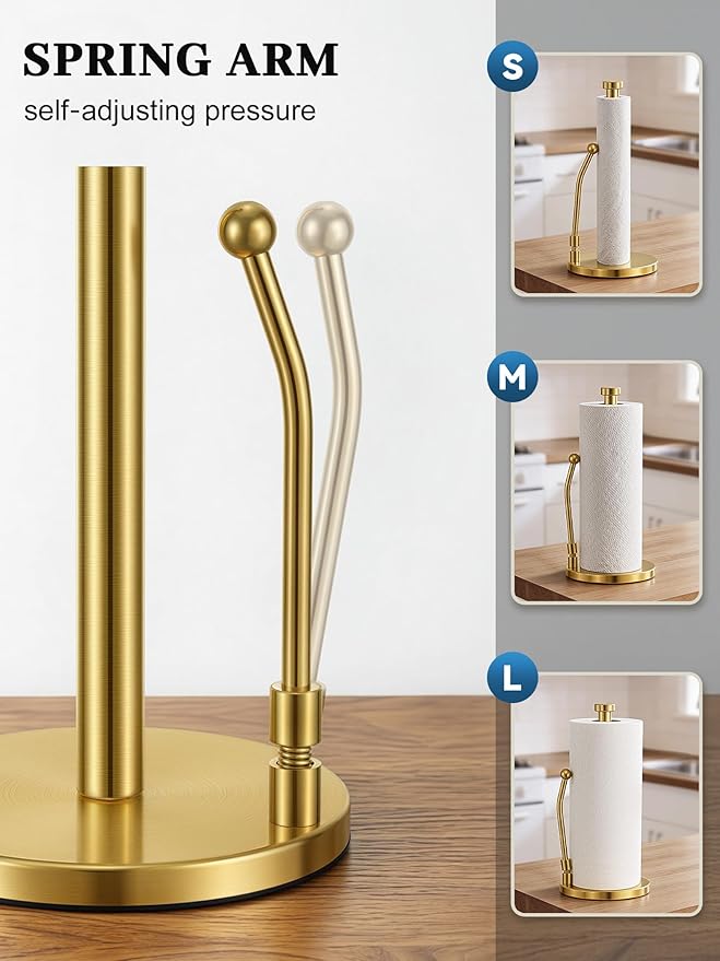 SMARTAKE Paper Towel Holder, Paper Towel Dispenser Standing Weighted Base Non Slip, Spring Arm Fit Most Size Paper Roll, Stainless Steel Kitchen Roll Stand for Home Kitchen Countertop Tabletop, Gold - Image 2