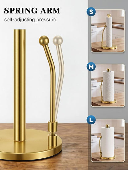 SMARTAKE Paper Towel Holder, Paper Towel Dispenser Standing Weighted Base Non Slip, Spring Arm Fit Most Size Paper Roll, Stainless Steel Kitchen Roll Stand for Home Kitchen Countertop Tabletop, Gold - Image 2