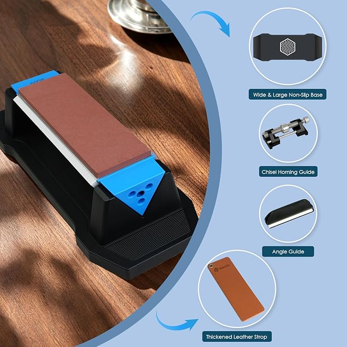 Large Knife Sharpening Stone, Tri-Stone Knife Sharpener, 3 Sides Grit 400/1000/5000, Whetstone Knife Sharpener with Non-Slip Base, Angle Guide & Leather Strop, for Kitchen Knives and Pocket Knives - Image 6