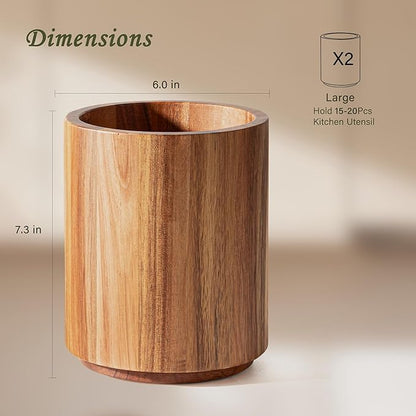 Criusia Utensil Holder 2 Pack, 360° Rotating Acacia Wood Cooking Utensil Crocks for Kitchen Counter, Farmhouse & Modern Decor, (2 Large) - Image 2