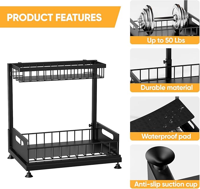 Saydear Under Sink Organizer Storage 2-Tier Premium Metal Pull-Out Kitchen Cabinet Organizer with Sliding Drawer, Height Adjustable, Heavy Duty for Kitchen & Bathroom Organizers 2 Pack Black - Image 7
