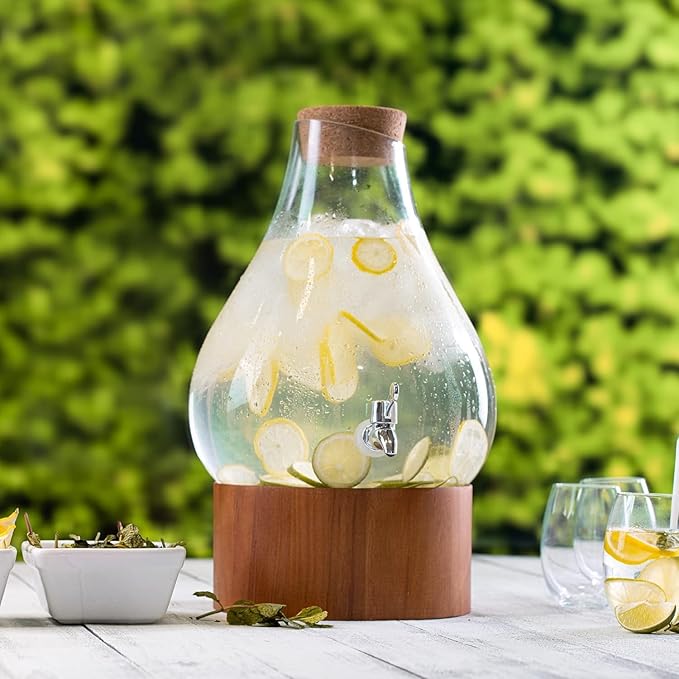 Classic Home Teardrop Clear Glass Ice Cold Beverage Drink Dispenser- 2.75 Gallon, With Cork Lid & Modern Wood Base Leak Proof Spigot- Wide Mouth Easy Filling For Outdoor, Parties & Daily Use - Image 7