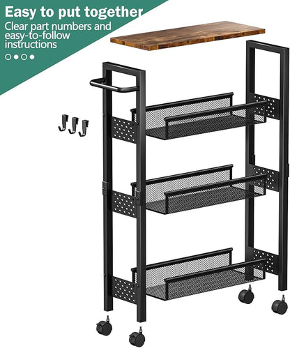 Vivihomety Utility Slim Storage Cart with Wheels, 4 Tier Small Rolling Cart with Wood Top, Metal Kitchen Bathroom Laundry Room Organization Trolley with Handle for Narrow Space – Black - Image 8