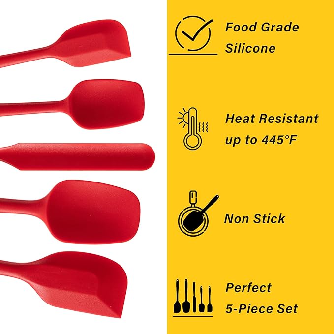 Silicone Spatula Set, 5 Piece Food Grade Rubber Spatulas for Baking, Cooking, and Mixing High Heat Resistant Non Stick Dishwasher Safe BPA-Free (RED) - Image 3