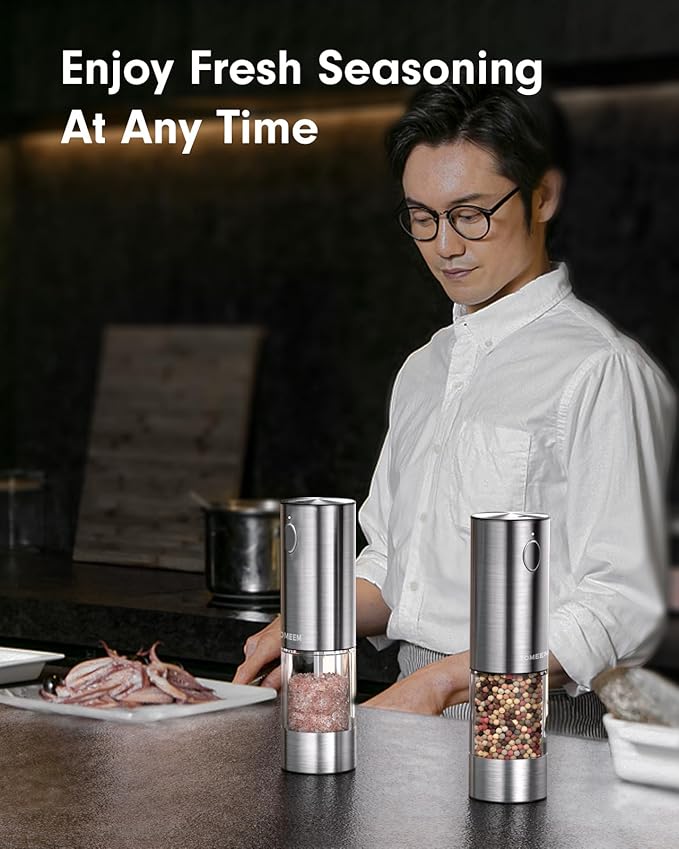 TOMEEM Upgraded Larger Capacity Electric Salt and Pepper Grinder Set Rechargeable with LED lights, Stainless Steel Automatic Pepper and Salt Grinder Refillable with 5 Adjustable Coarseness - Image 8
